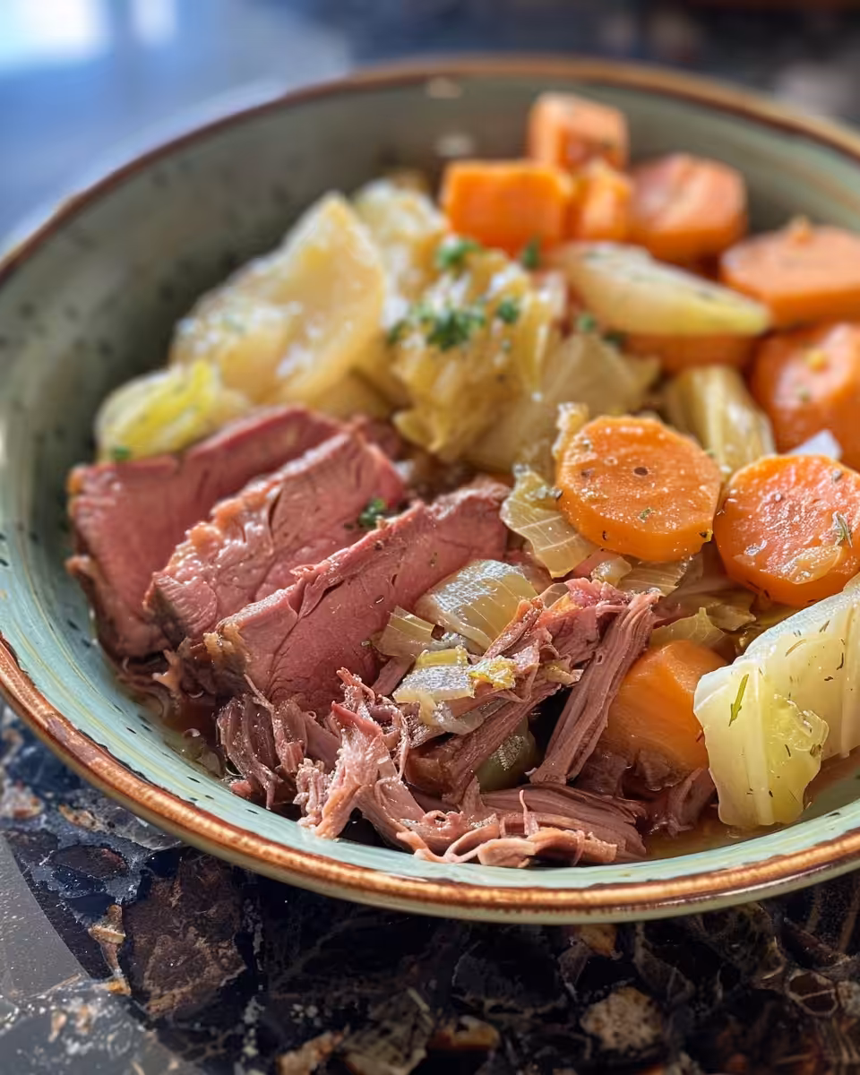 Plated corned beef and cabbage meal ready to serve, showing tender meat and steamed veggies