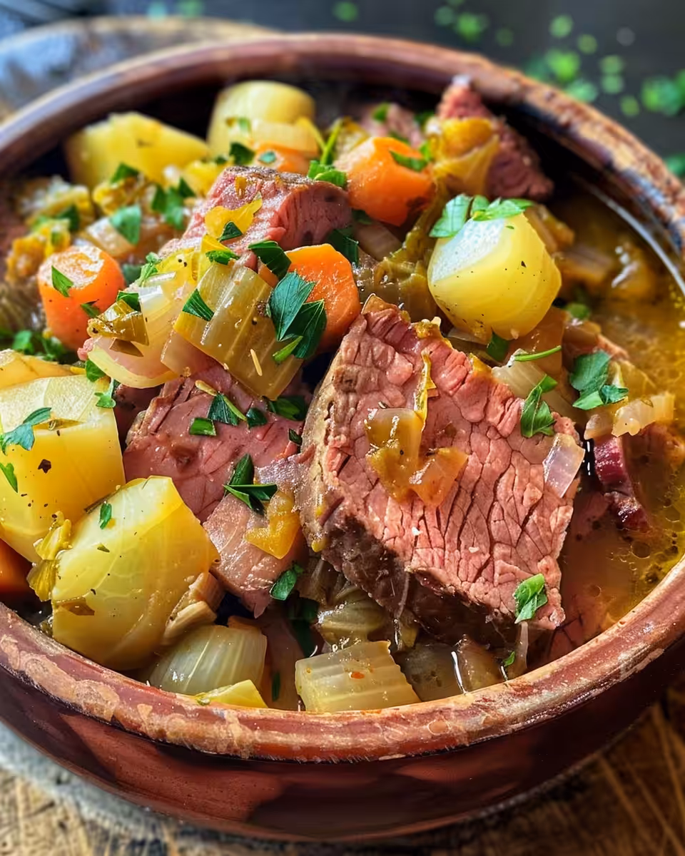 Plated corned beef and cabbage with potatoes ready to serve