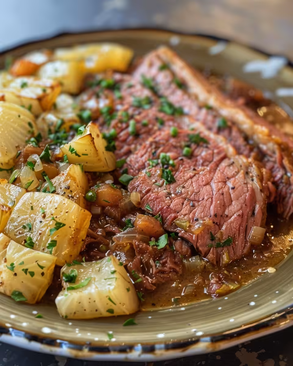 Slow cooker corned beef and cabbage simmering with steam rising