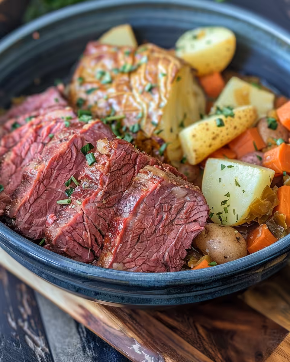 Ingredients for slow cooker corned beef with potatoes, carrots, onions, and cabbage