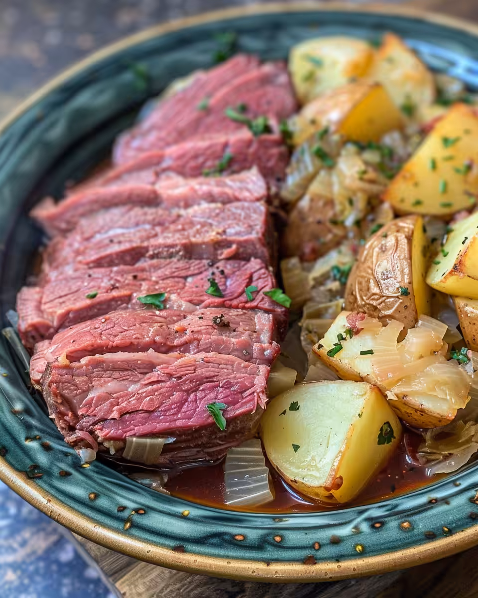 Final plated slow cooker corned beef with cabbage and potatoes served