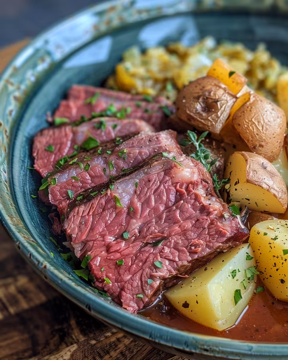 Slow cooker corned beef with cabbage and potatoes in pot with steam