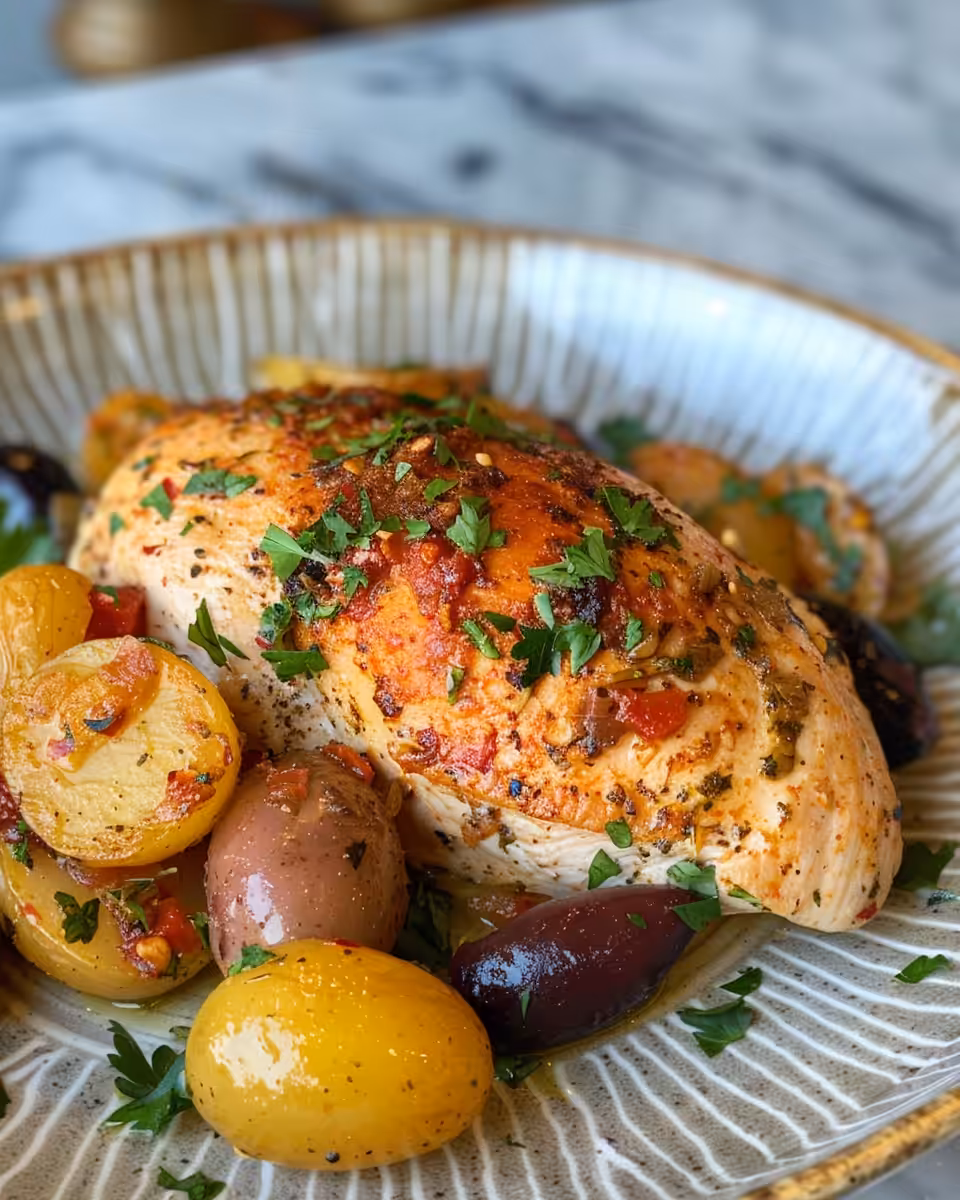 Key ingredients for Mediterranean chicken including onions, garlic, and peppers