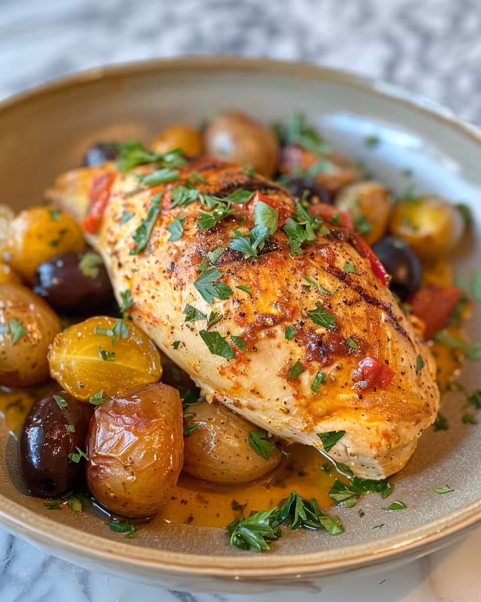 Juicy Mediterranean chicken cooking in slow cooker with herbs and peppers