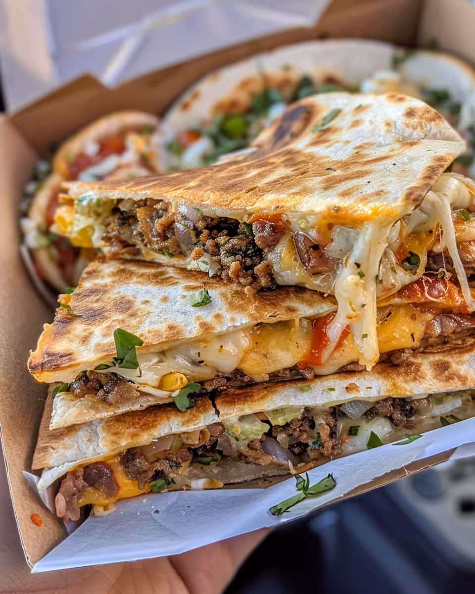 Ingredients for smashburger quesadillas laid out including beef, cheese, and tortillas