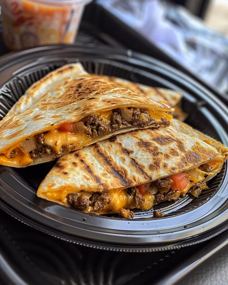Ingredients and setup for cheeseburger quesadillas including sauce and toppings