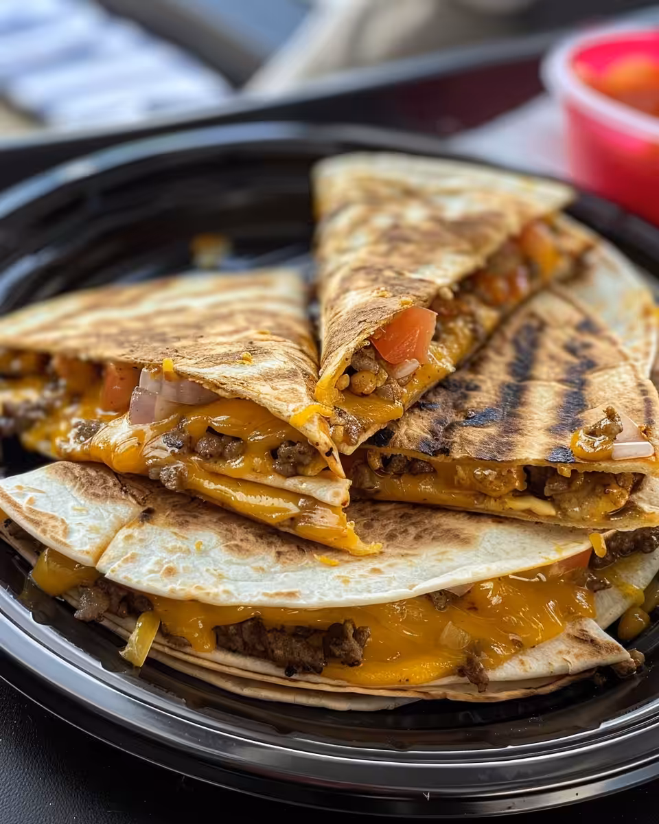 Golden brown cooked cheeseburger quesadilla slice with melty cheese and beef