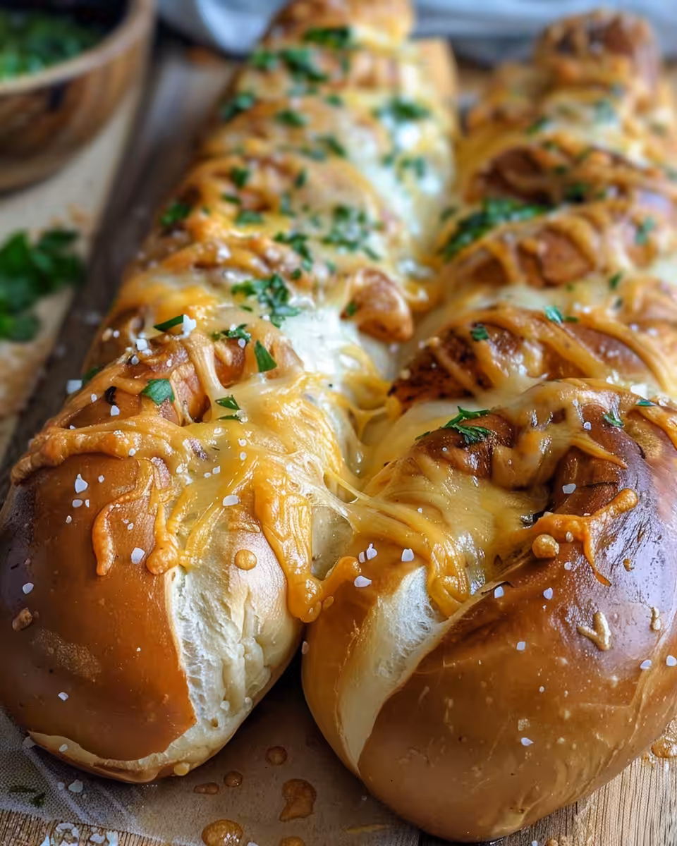 Pretzel dogs dipped in baking soda water on baking sheet before oven