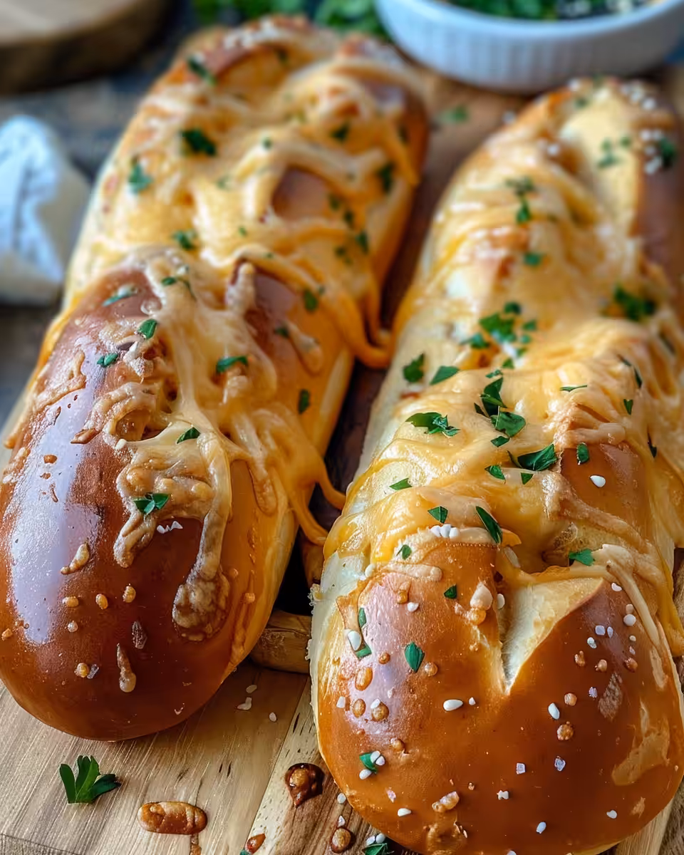 Cheesy soft baked pretzel dogs fresh from the oven