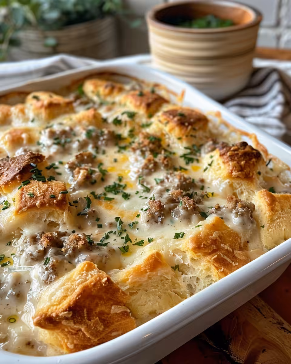 Ingredients for Southern biscuits and gravy breakfast casserole spread out on counter