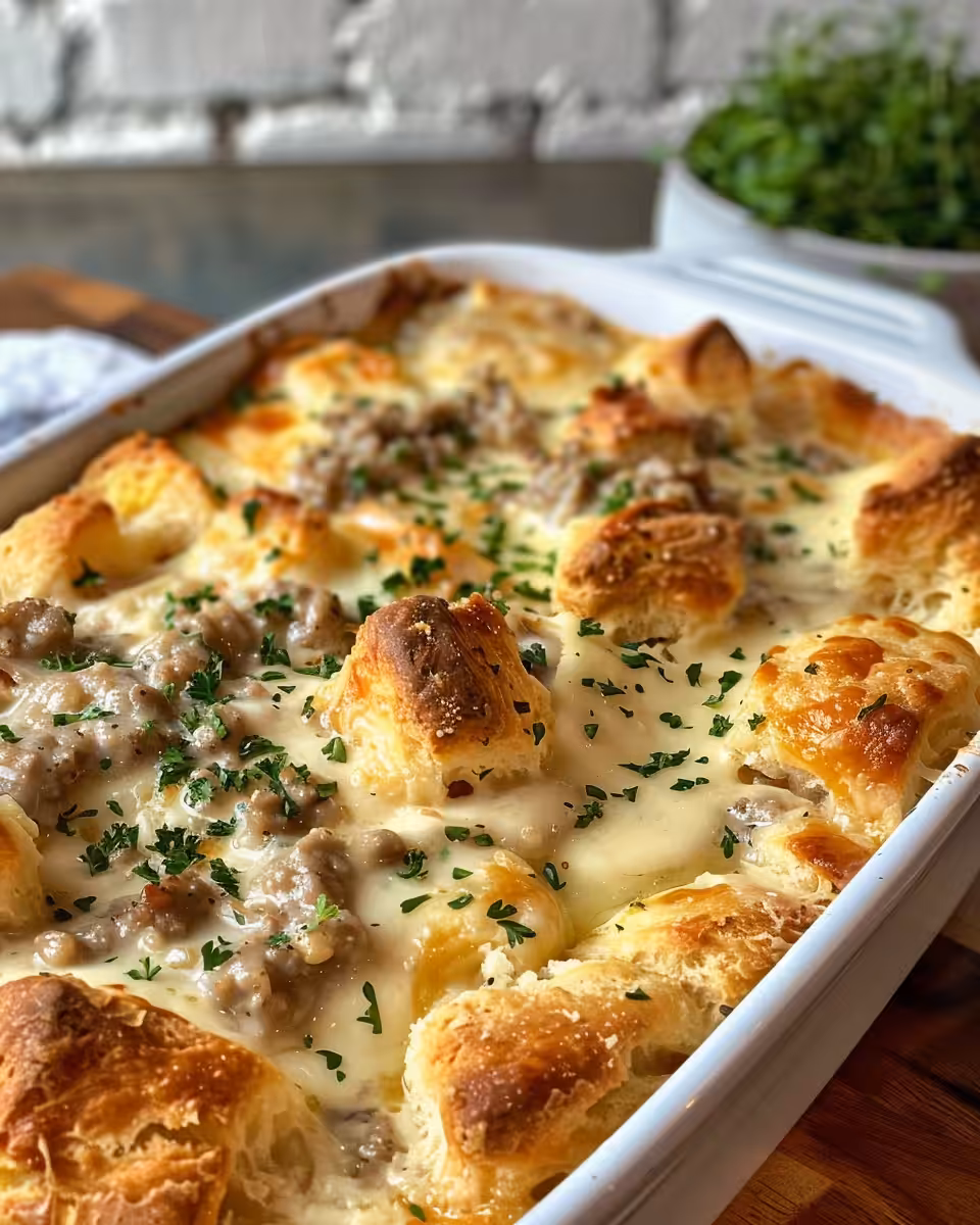 Final baked Southern biscuits and gravy breakfast casserole on a serving plate