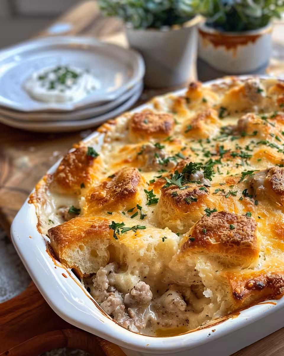Southern biscuits and gravy breakfast casserole fresh and steaming
