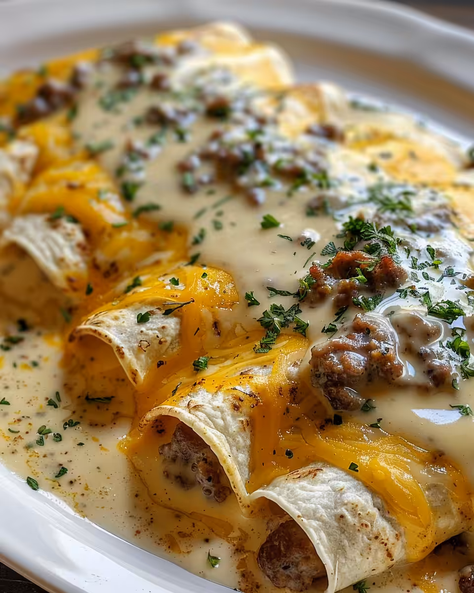 Final plated Southern breakfast enchiladas with sausage gravy hot and ready to enjoy