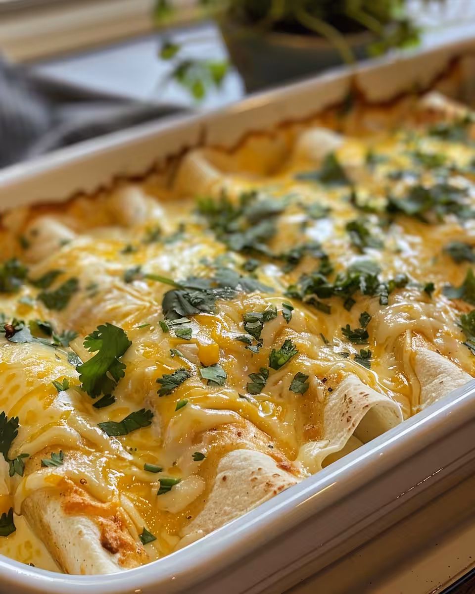 Southern breakfast enchiladas with sausage gravy just out of the oven