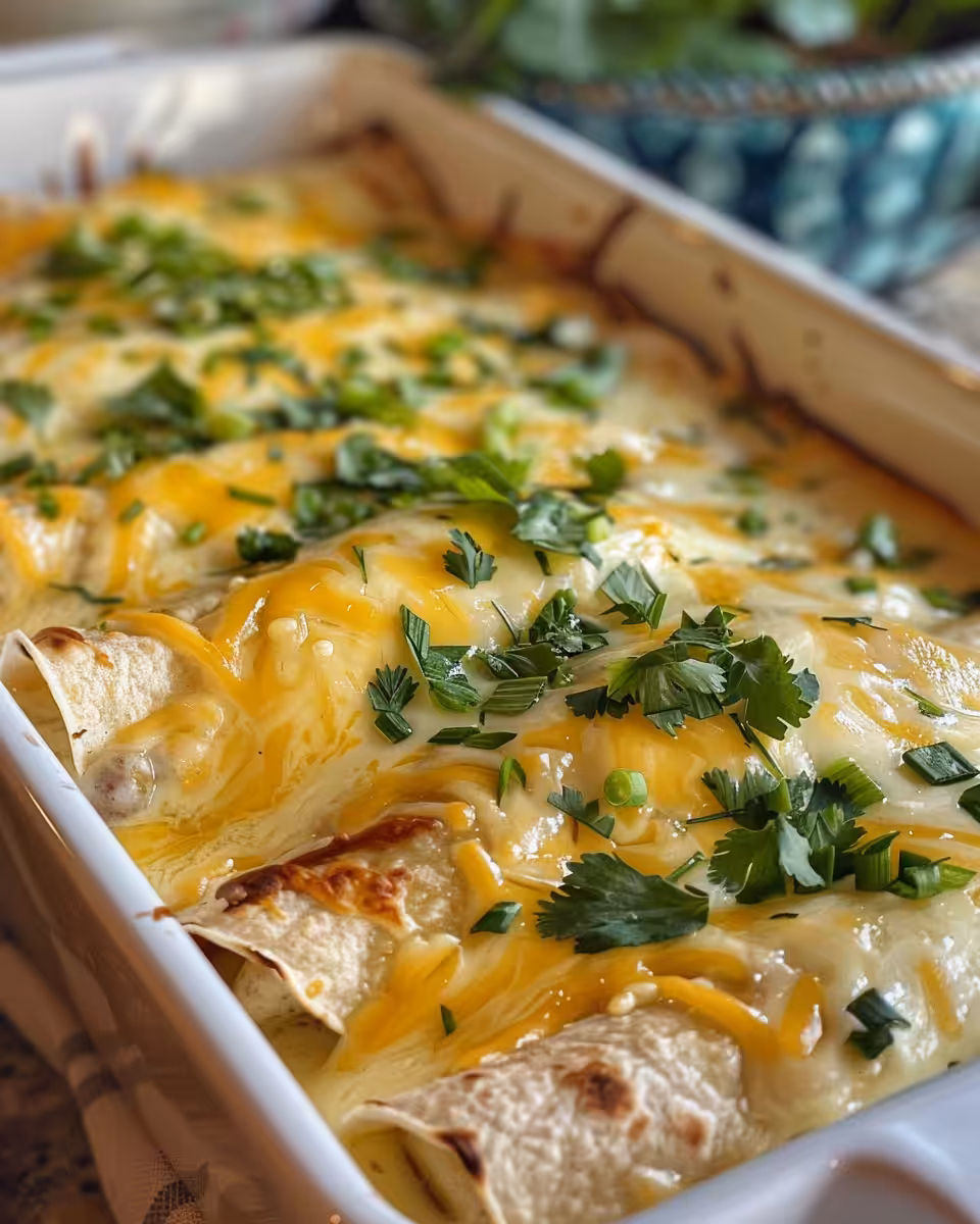 Plated southern breakfast enchiladas with sausage gravy and melted cheddar