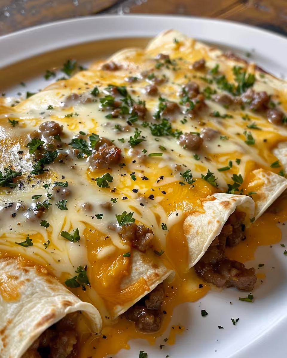 Southern breakfast enchiladas with sausage gravy fresh and ready to serve