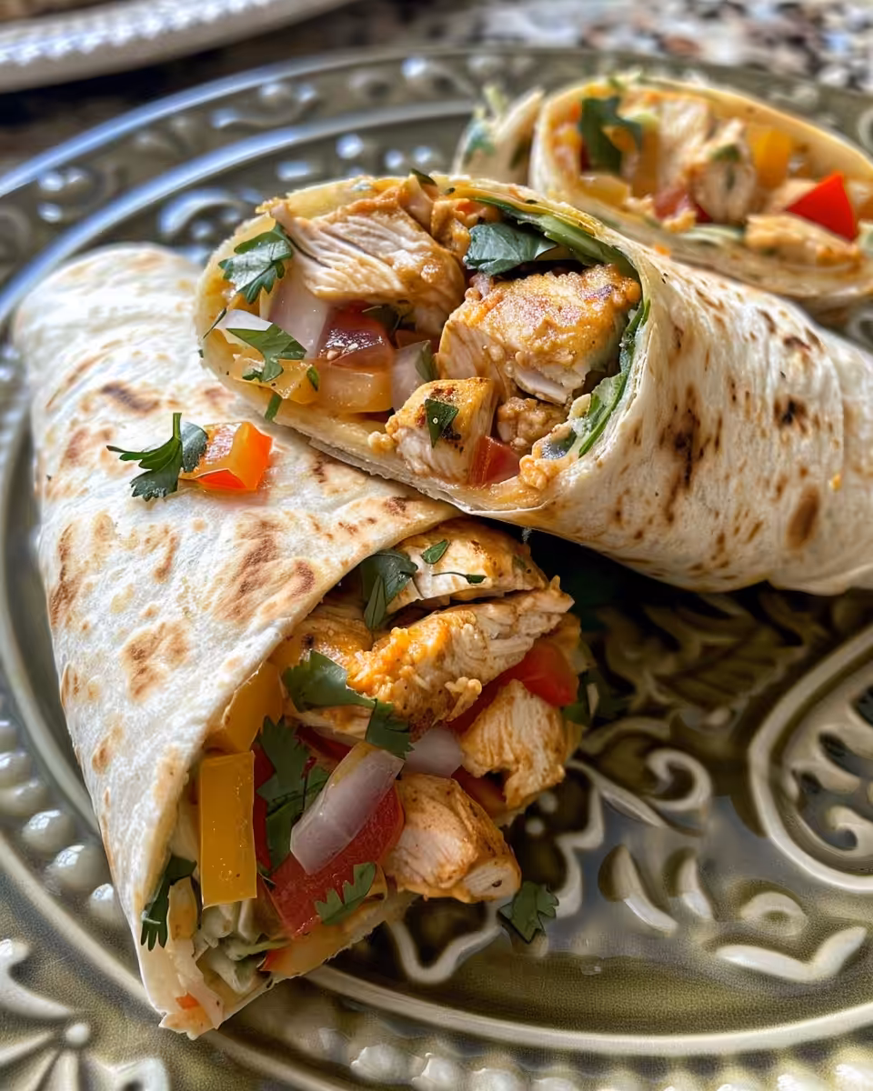 Close up of sliced Southwest chicken wrap filled with fresh, colorful ingredients