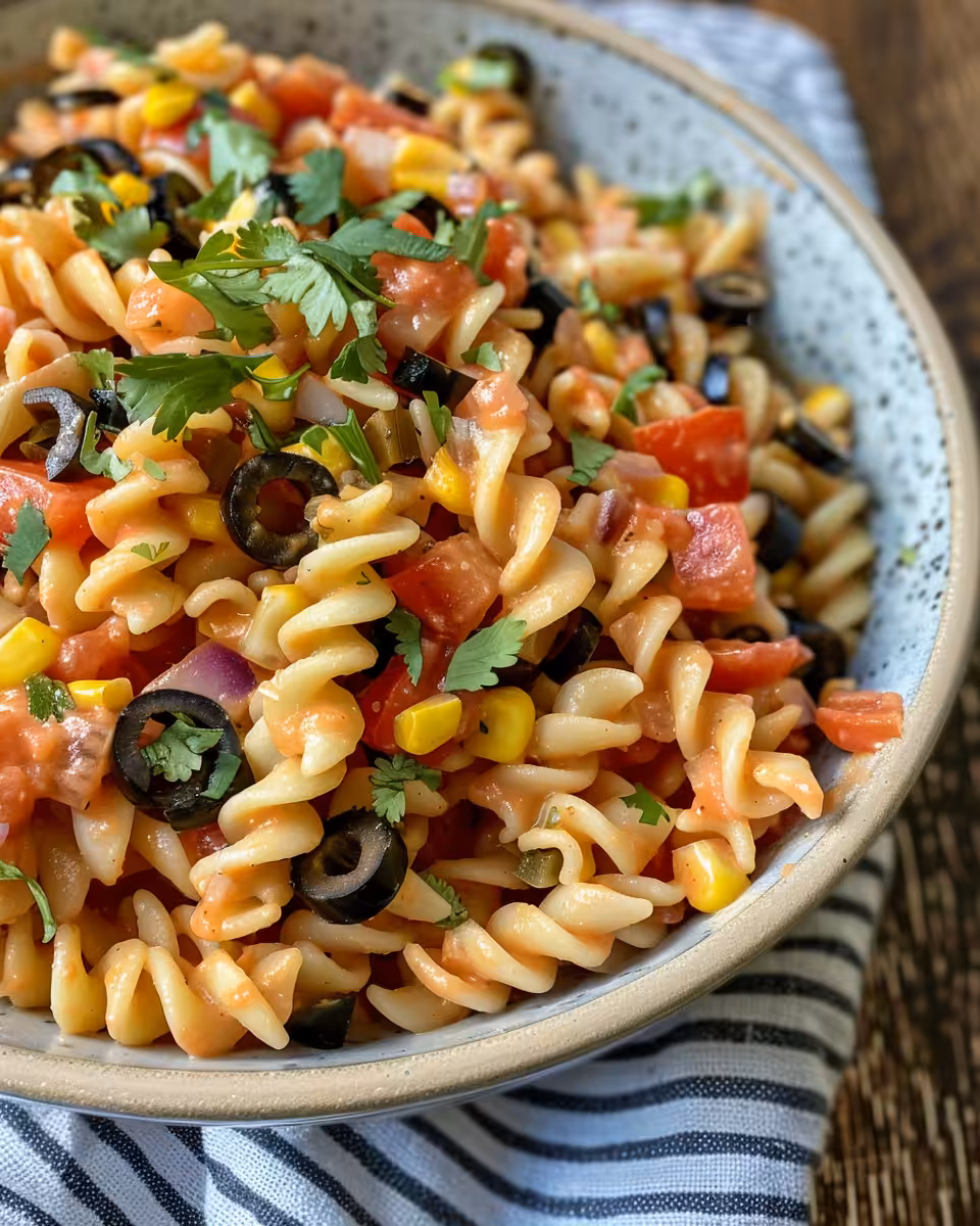 Fresh ingredients for Southwest Pasta Salad laid out on a kitchen counter