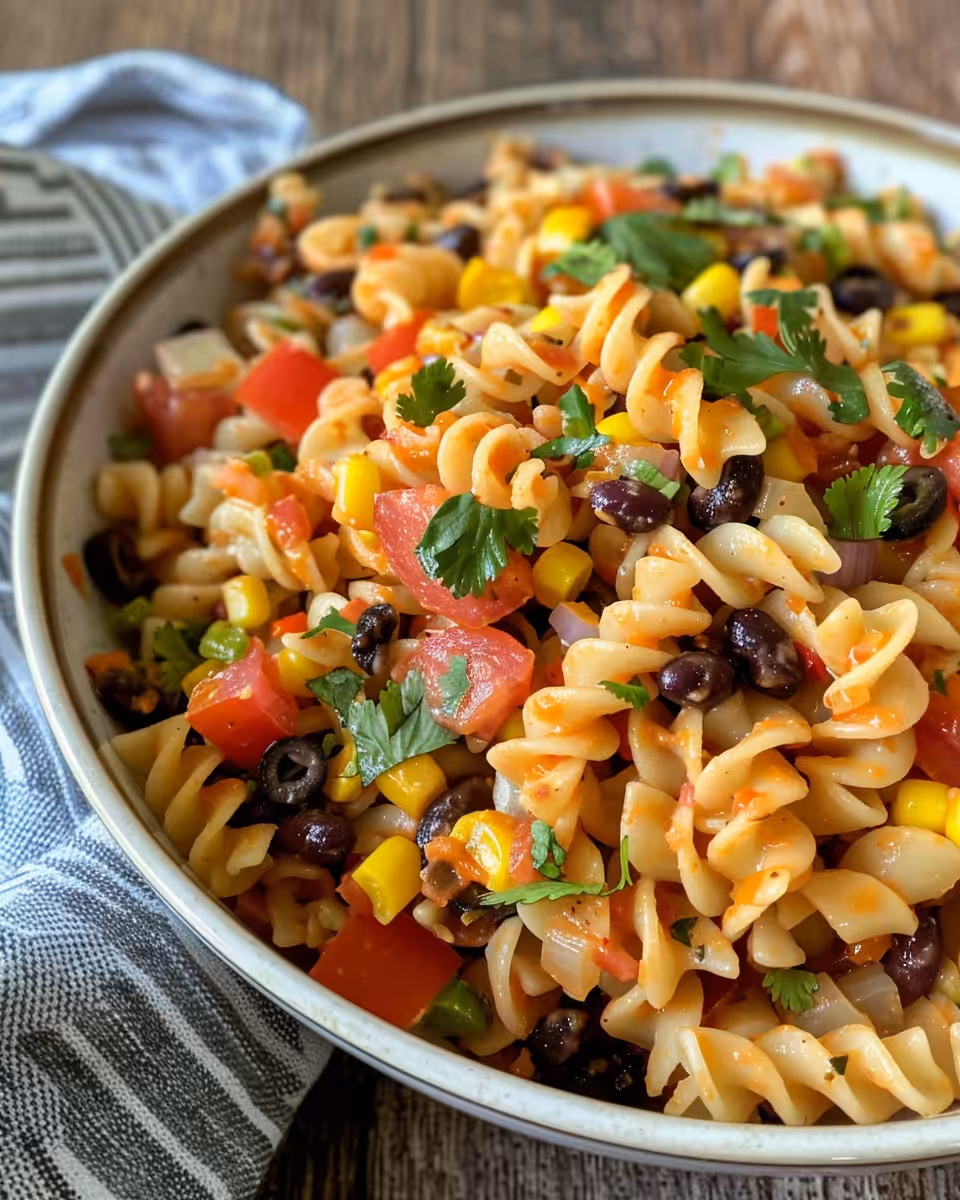 Final served Southwest Pasta Salad with cheese crumbles melting