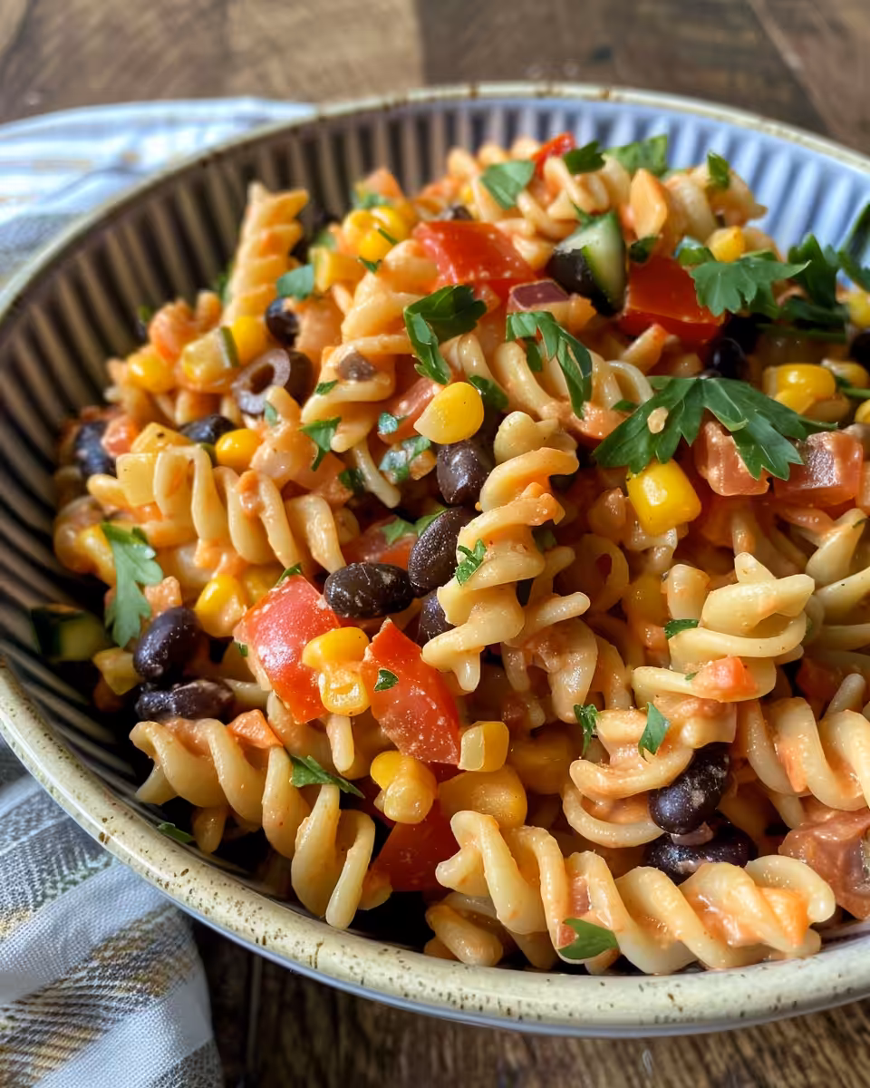 Close-up of Southwest Pasta Salad with vibrant veggies and lime