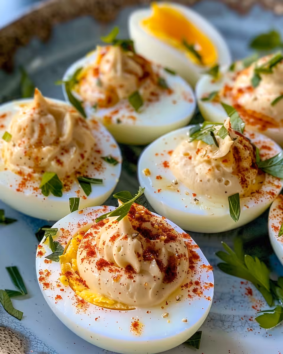 Spanish deviled eggs ingredients including chorizo, pimientos, olives