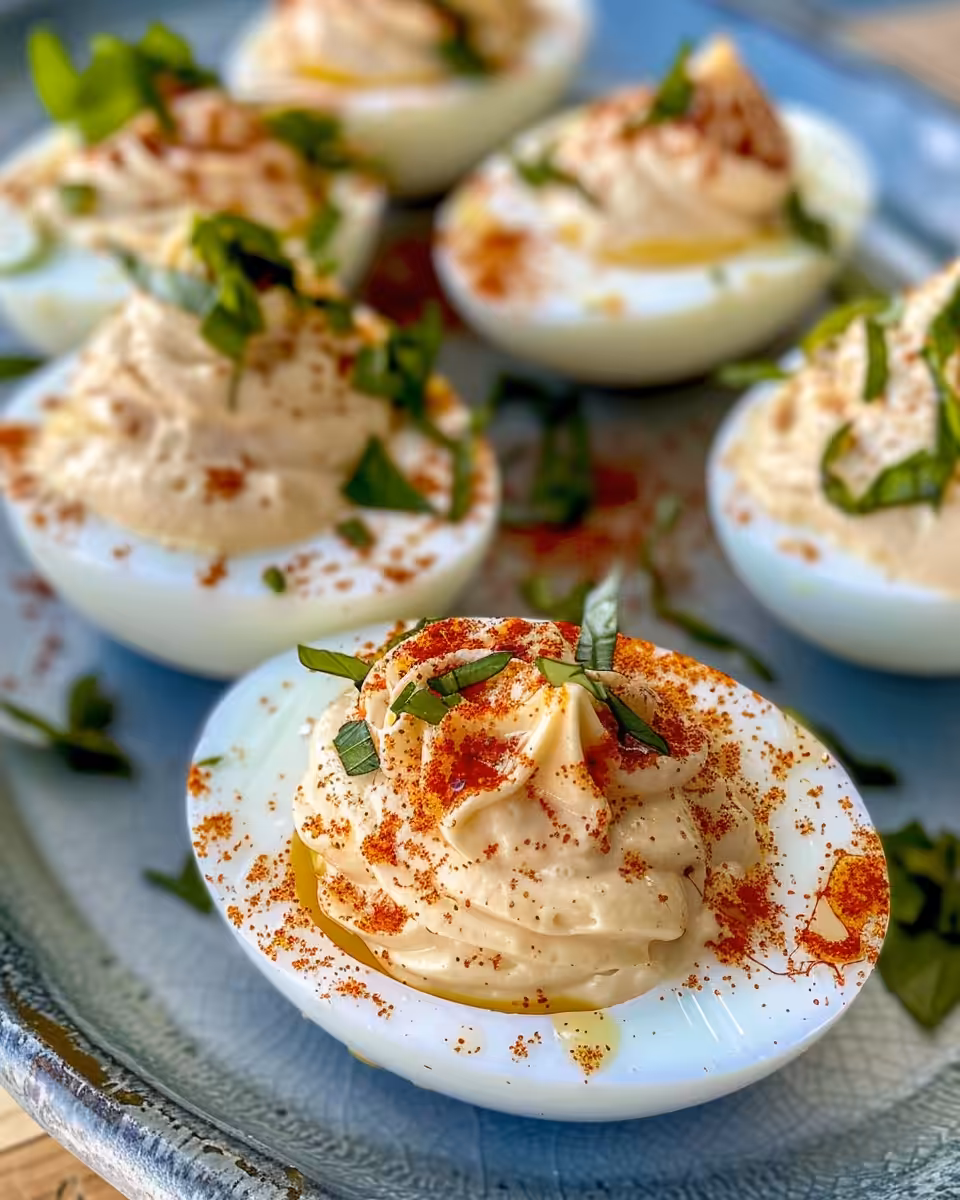 Close up of delicious Spanish deviled eggs on a plate