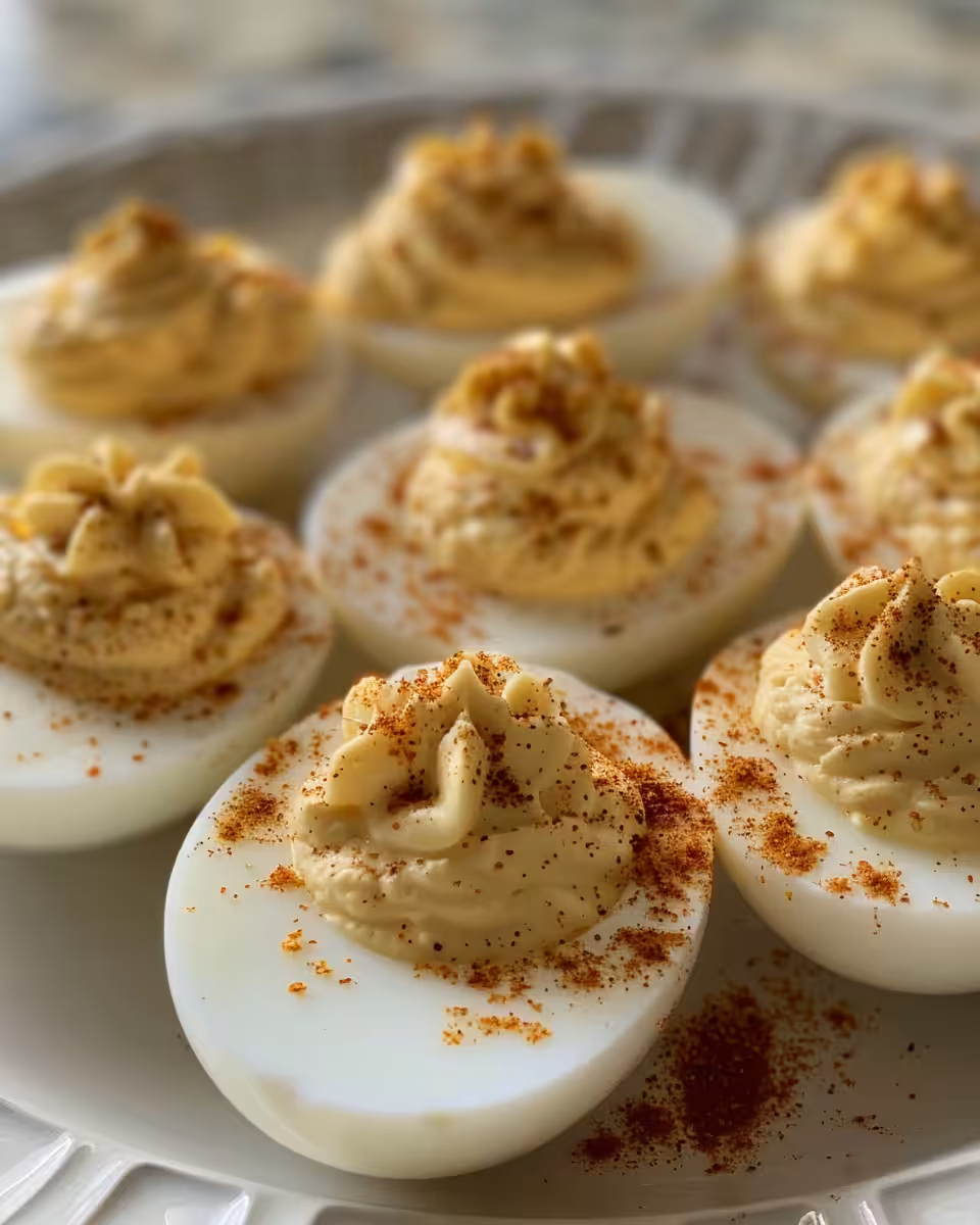 Ingredients laid out for spicy banana pepper deviled eggs including eggs, mayonnaise, mustard, and peppers