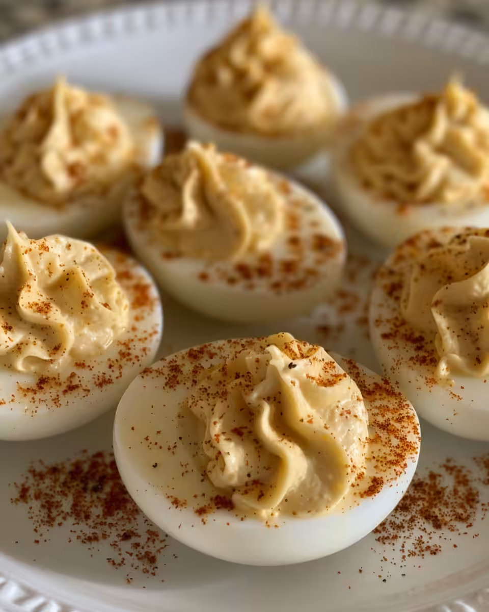 Close up of final spicy banana pepper deviled eggs garnished and ready to serve