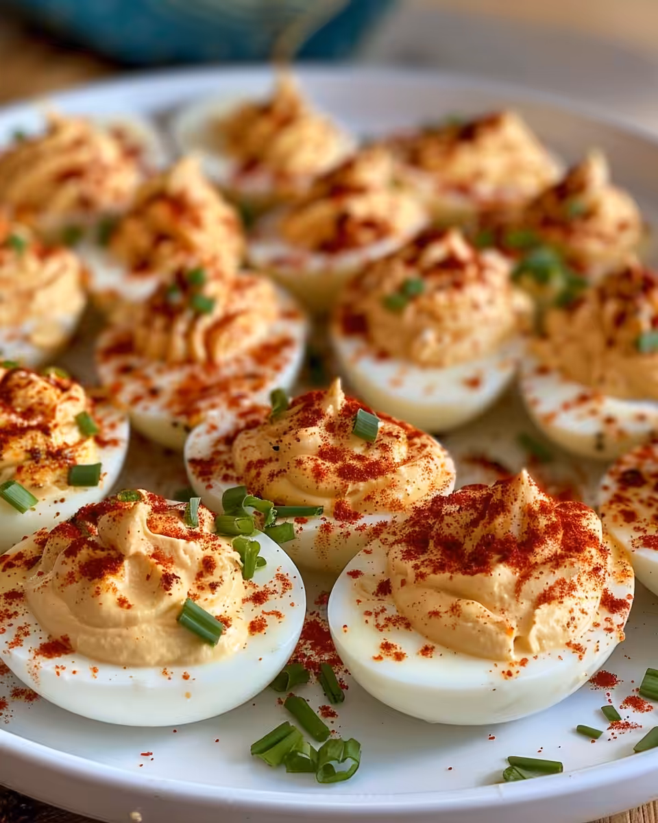 Close-up of spicy bayou deviled eggs crispy and golden brown