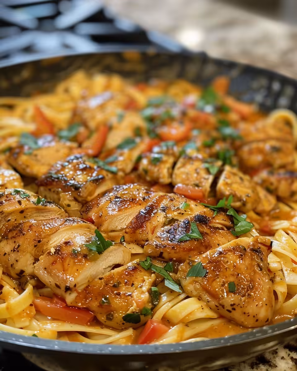 Final plated spicy cajun honey butter chicken pasta ready to serve