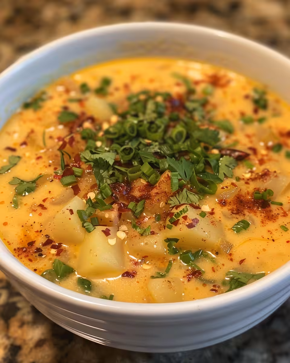 Finished creamy cajun potato soup ready to serve garnished with parsley