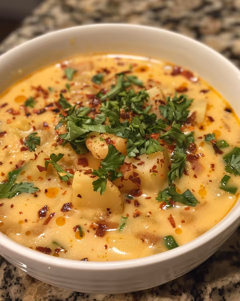 Hot spicy cajun potato soup in a bowl near simmering kitchen background