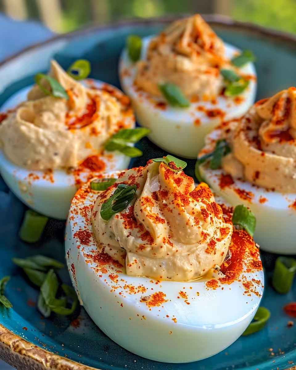 Final plated spicy chili garlic deviled eggs with crispy onions and smoked paprika