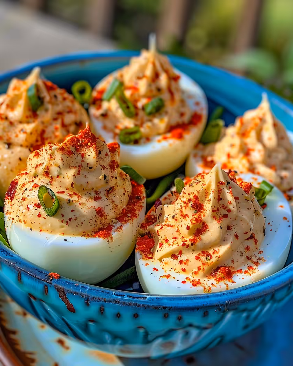 Spicy chili garlic deviled eggs fresh and ready to serve