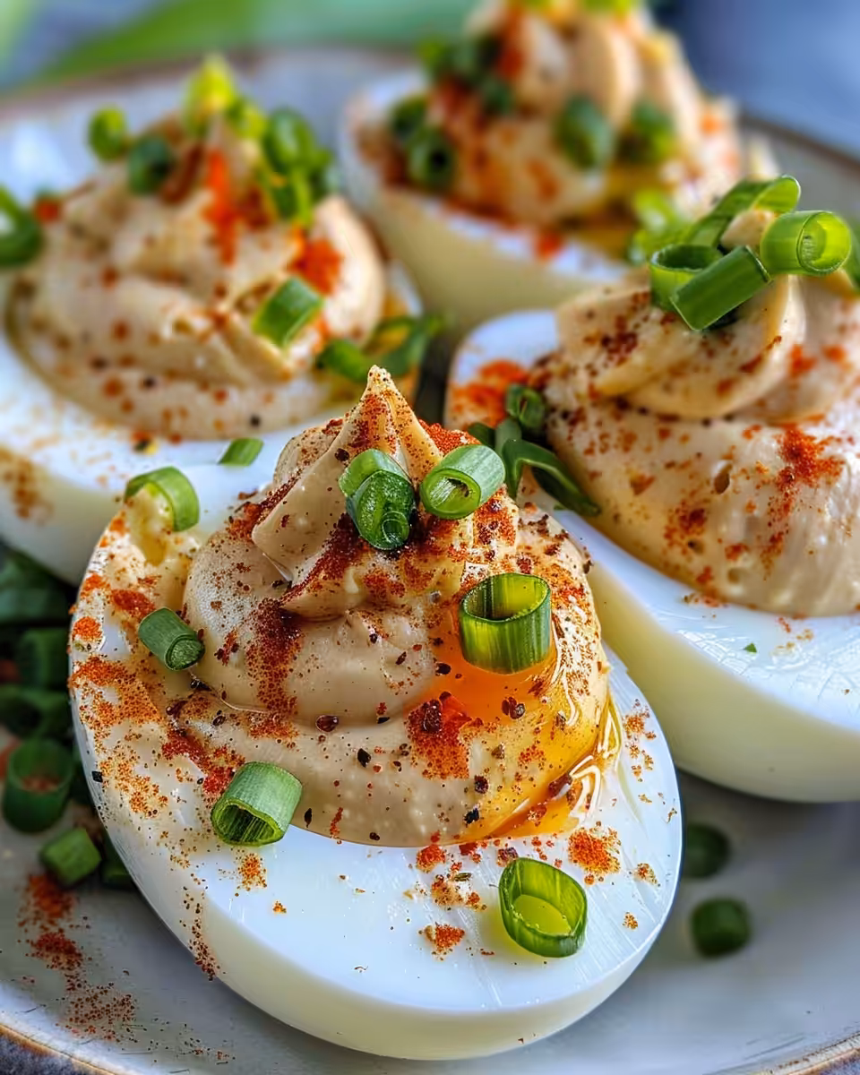 Final presentation of spicy chili garlic deviled eggs with paprika garnish