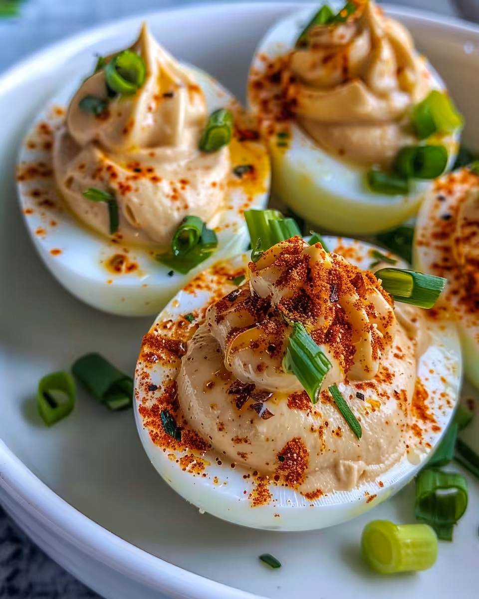 Spicy chili garlic deviled eggs freshly prepared and ready to serve