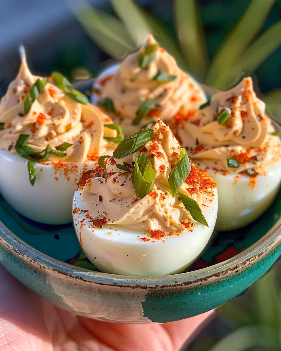 Mixing spicy yolk filling for deviled eggs