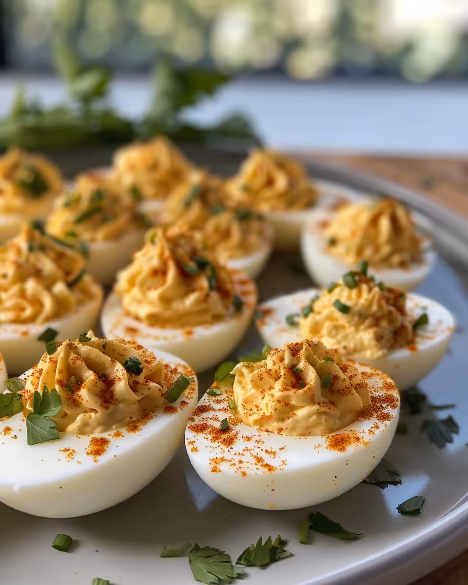 Spicy chili garlic deviled eggs fresh and ready
