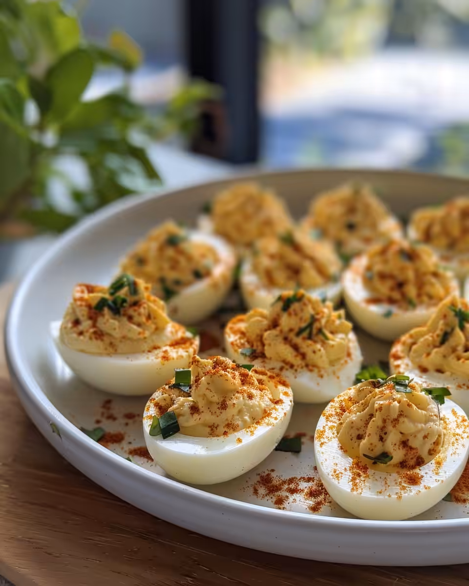 Finished spicy chili garlic deviled eggs plated and garnished