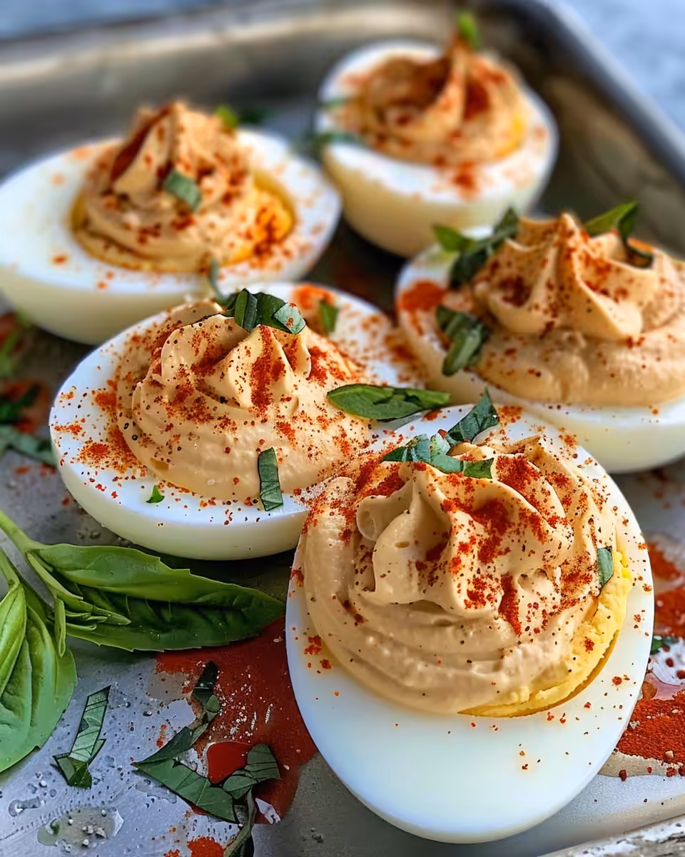 Close up of the perfect first bite of spicy bacon deviled egg