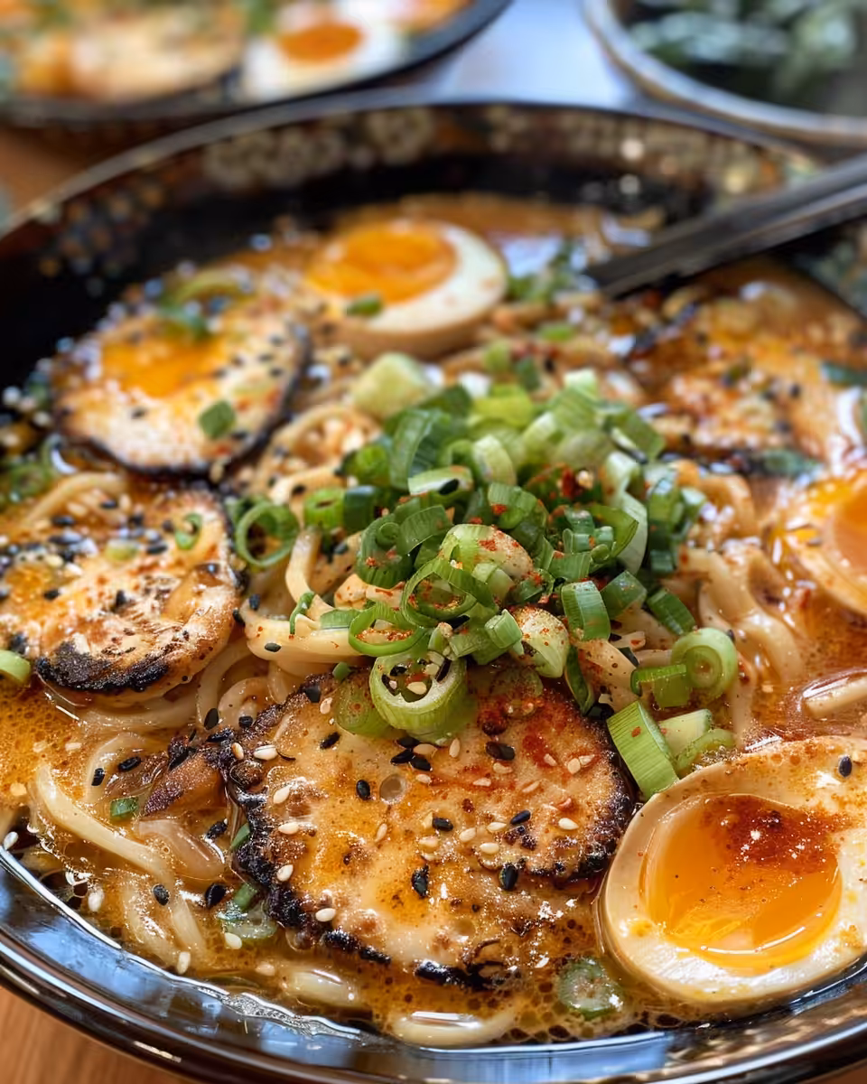 Finished spicy creamy chicken ramen served with fresh toppings