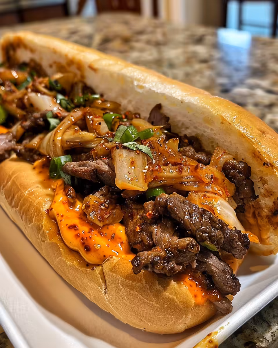 Ingredients including bulgogi, kimchi, cheese, and onions prepared for bulgogi cheesesteak