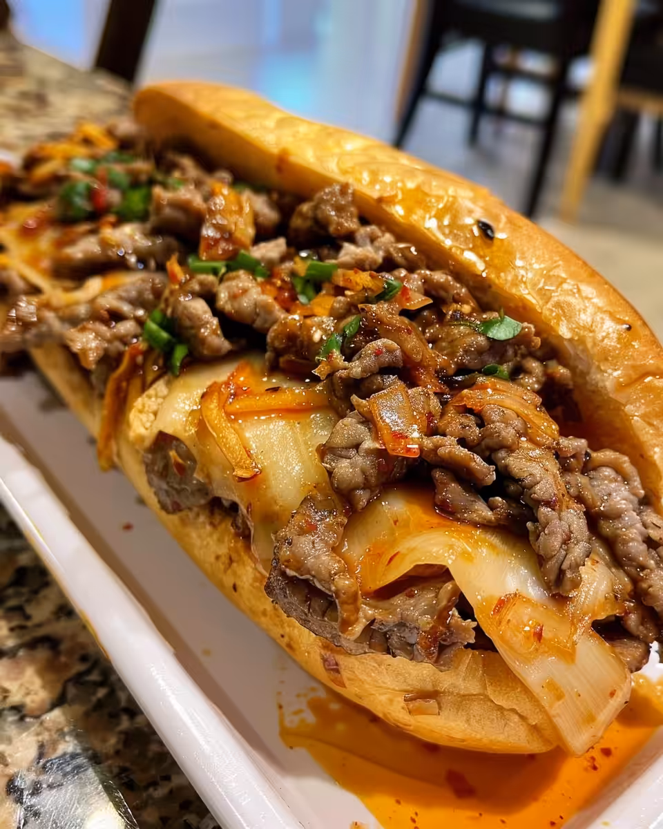 Melted cheese and bulgogi mixture spooned onto sandwich bun with lettuce