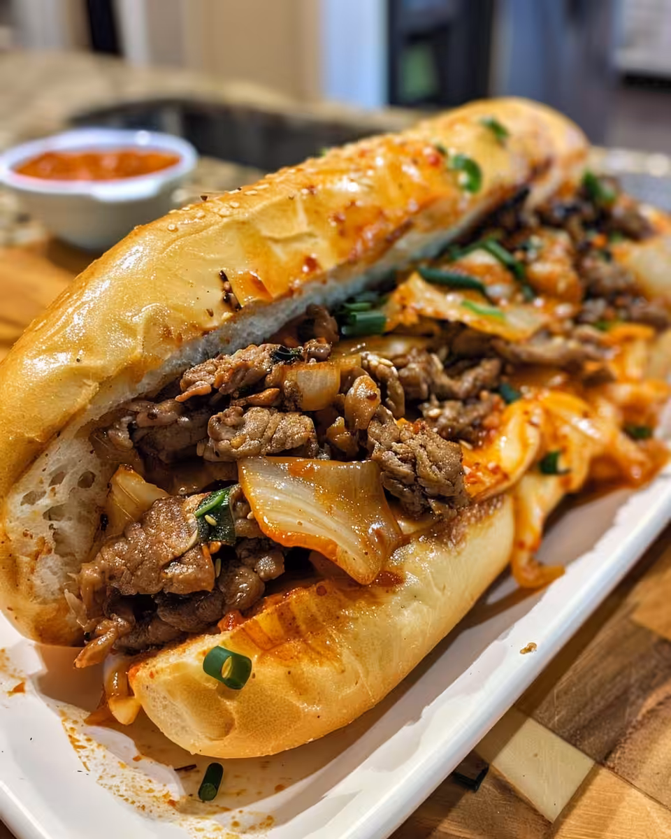 Spicy kimchi bulgogi cheesesteak sandwich steaming hot
