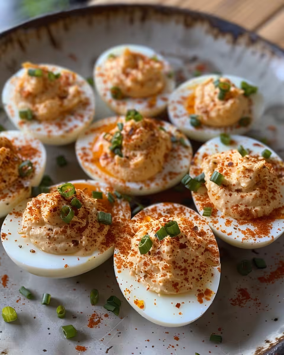 Final served Nashville hot deviled eggs chilled on serving plate with seasoning