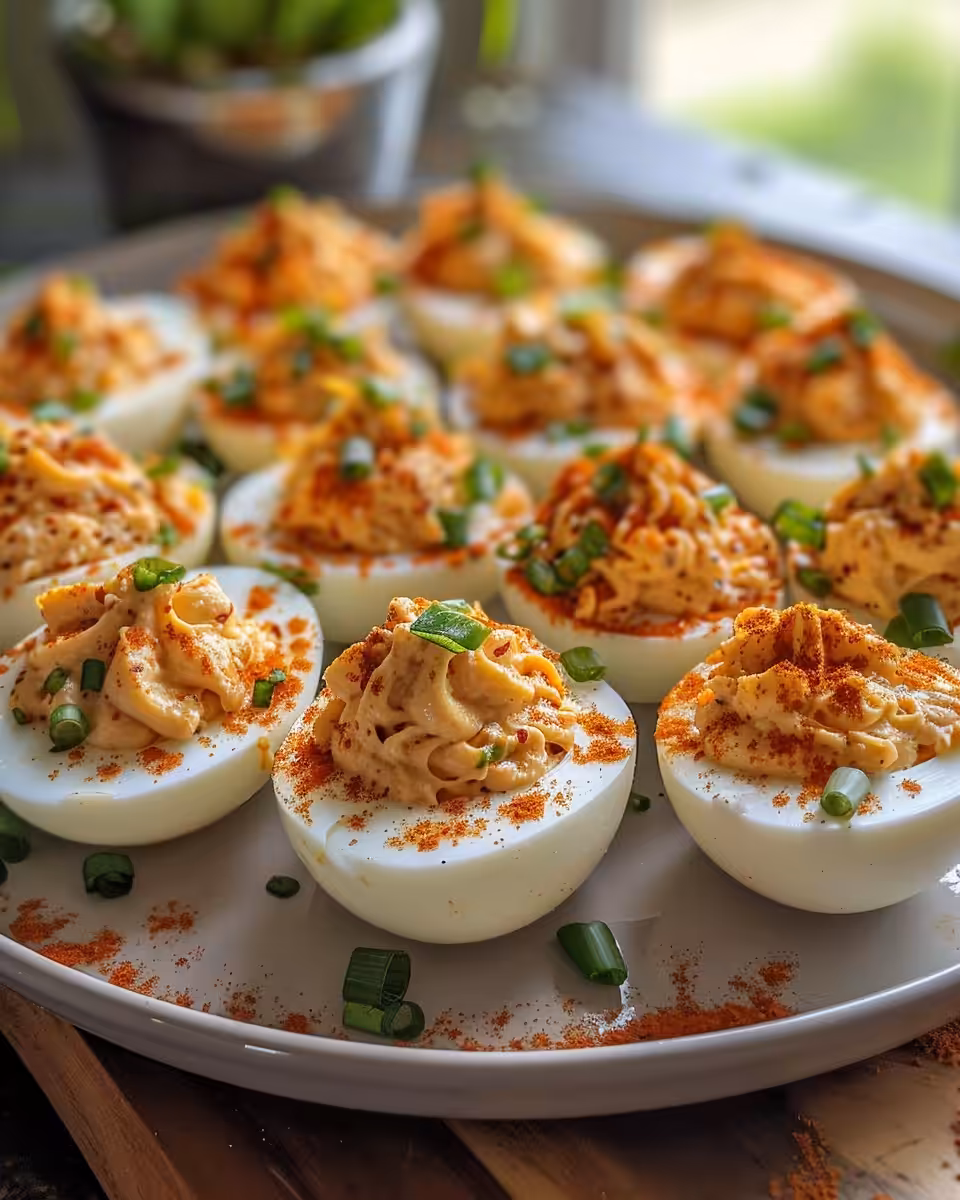 Fully plated spicy sriracha deviled eggs garnished with fresh chives