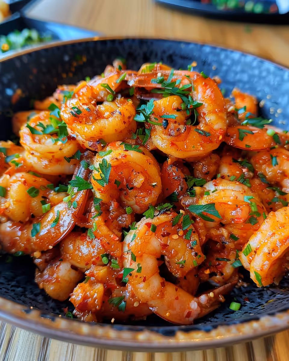 Vivid cooking stage of Voodoo Shrimp Creole showing simmering Creole sauce with shrimp