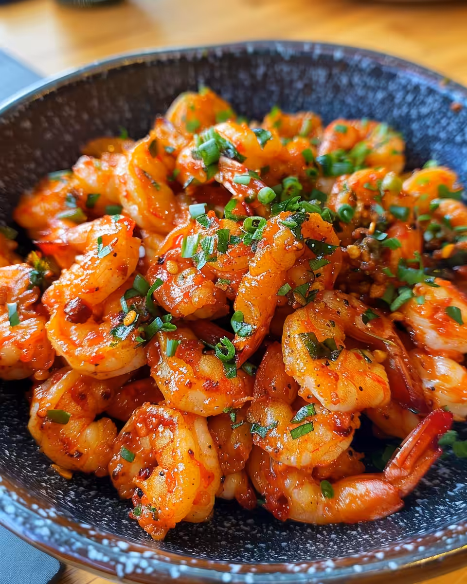 Close-up of spicy voodoo shrimp cooking in pressure cooker with vivid tomato sauce