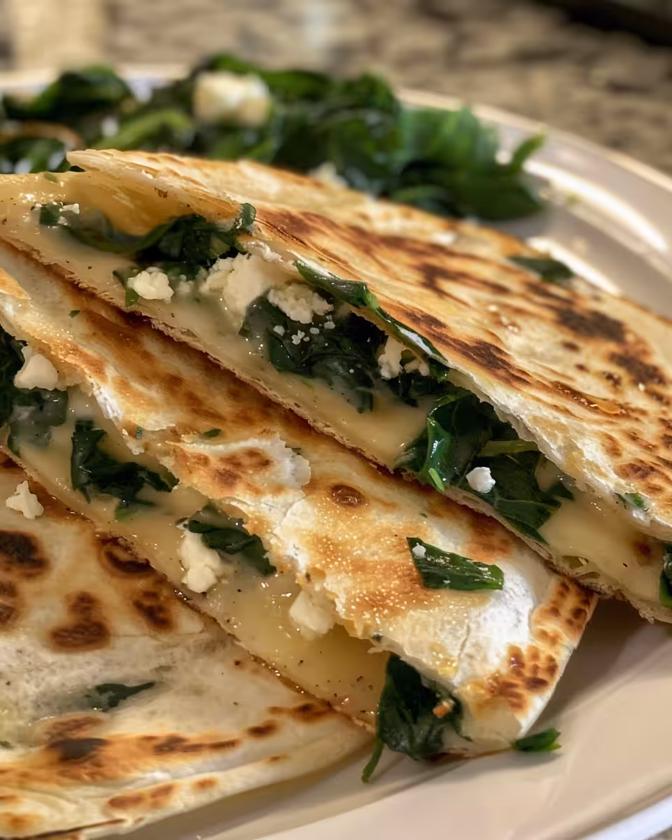 Ingredients for Mediterranean quesadillas including fresh spinach, sun-dried tomatoes, and feta