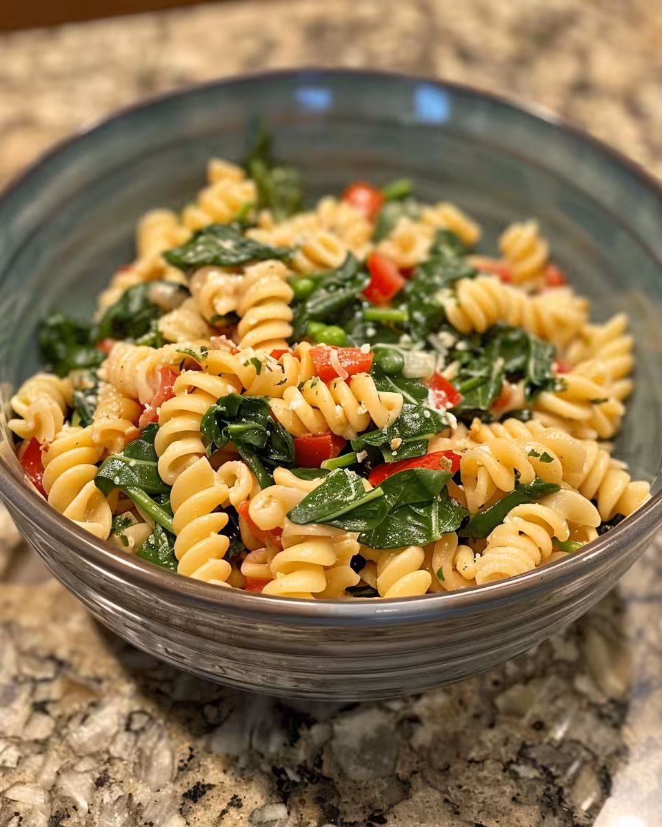 Final Spinach Artichoke Dip Pasta Salad plated and ready to serve